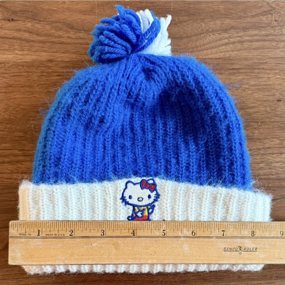 VTG 70s Hello Kitty Blue & White Beanie Knit Ski Cap Hat Pom Pon 1976 Sanrio USA